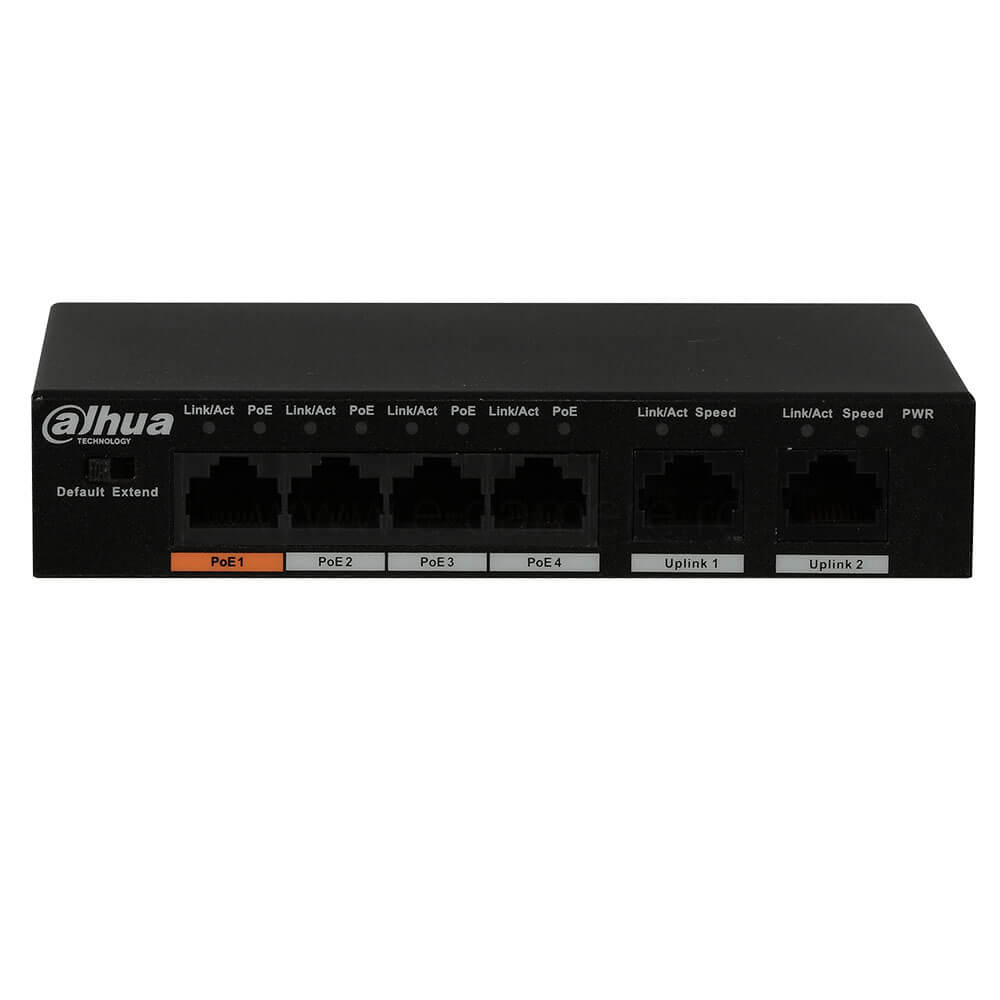 Switch 4 PoE+2 Uplink 10/100Mbps, 60W, Portul 1 Hi-PoE / Extended PoE 250 m - Dahua PFS3006-4ET-60