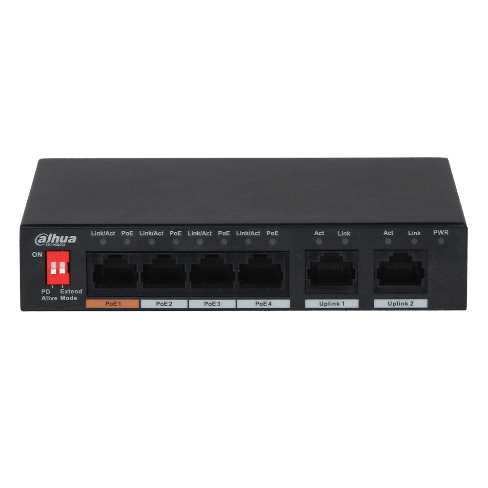 [RESIGILAT] Switch 4 PoE+2Uplink10/100Mbps,60W,1x Hi-PoE sau ExtendedPoE250m- Dahua Eco Series PFS3006-4ET-60-V2-RMA