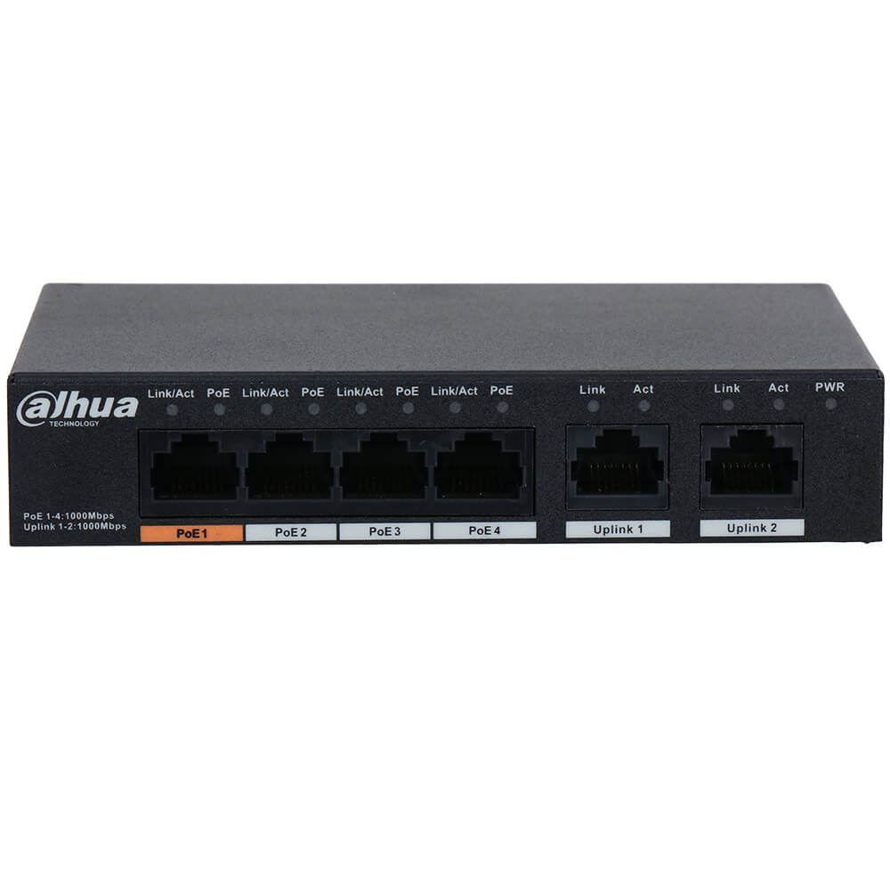 Switch 4 PoE + 2 Uplink All Gigabit 60W, Portul 1 Hi-PoE - Dahua PFS3006-4GT-60 