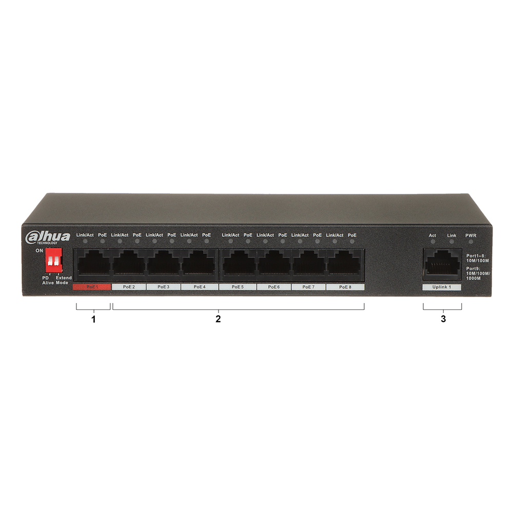 Switch 8xPoE 100Mbps +1xUplink Gigabit, 96W, PoE watchdog, management - Dahua PFS3009-8ET1GT-96-V2