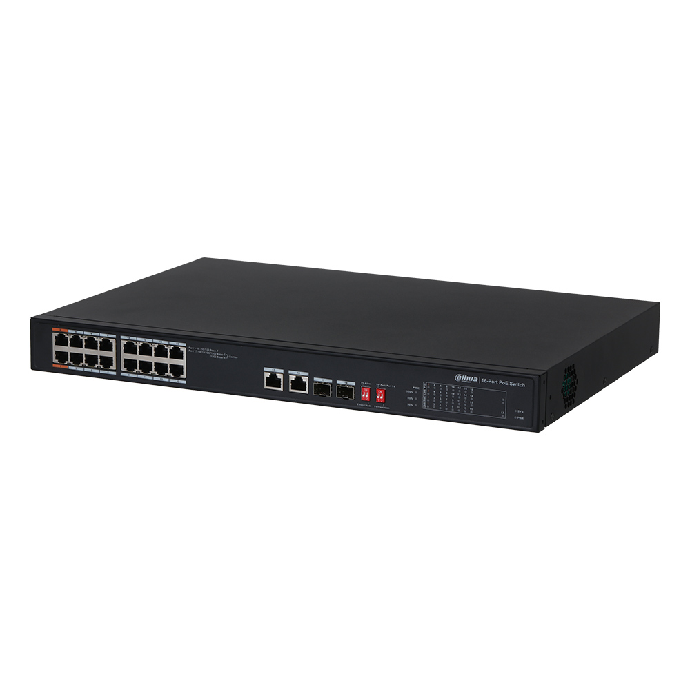 Switch 16 PoE + 2 Uplink RJ45 sau SFP Gigabit, Buget total 135W, PoE 250m - Dahua PFS3218-16ET-135