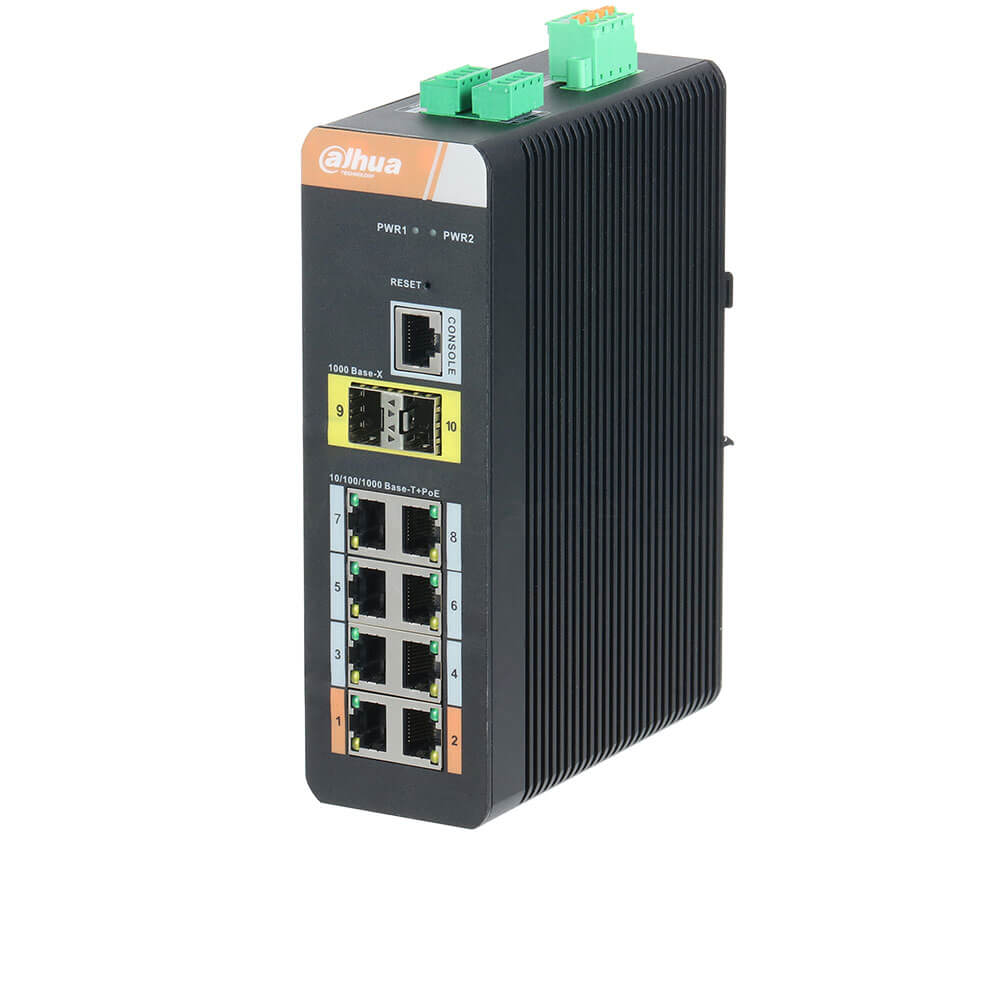 Swich POE cu 8 porturi POE + 2 porturi UpLink, Gigabit, Industrial - Dahua PFS4210-8GT-DP