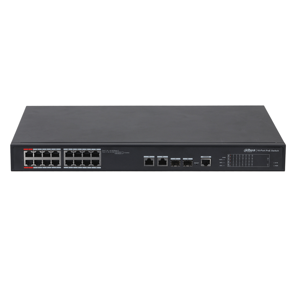 Switch 16-port 100Mbps + 2-port Gigabit, 190W, WatchDog, management - Dahua PFS4218-16ET-190-V3