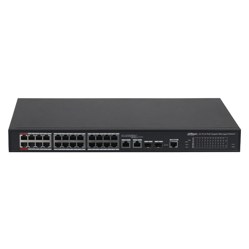 Switch 24x PoE + 2x Uplink SFP sau RJ45, All-Gigabit, 360W, Management -Dahua PFS4226-24GT2GF-360-V2