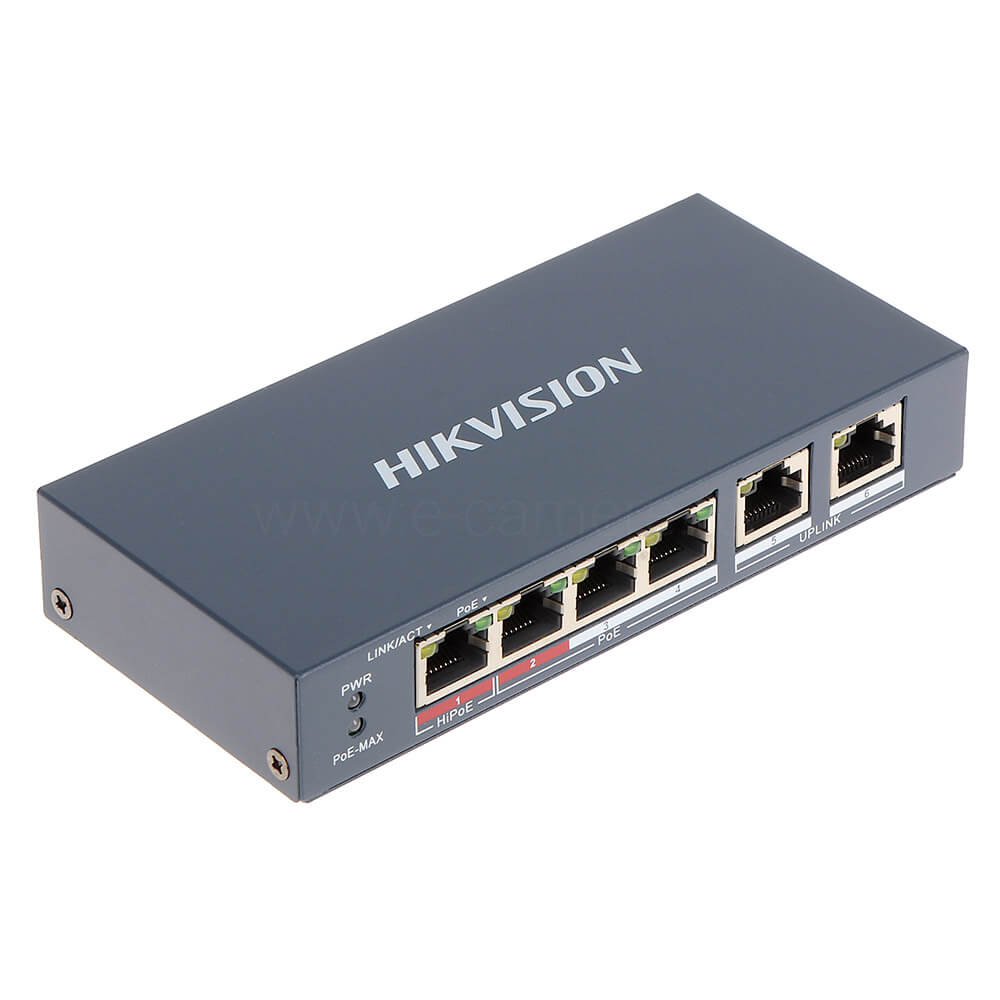Switch 4 porturi POE (1 HiPoe + 3 POE) + 2 x RJ45, maxim 60W  - HikVision DS-3E0106HP-E