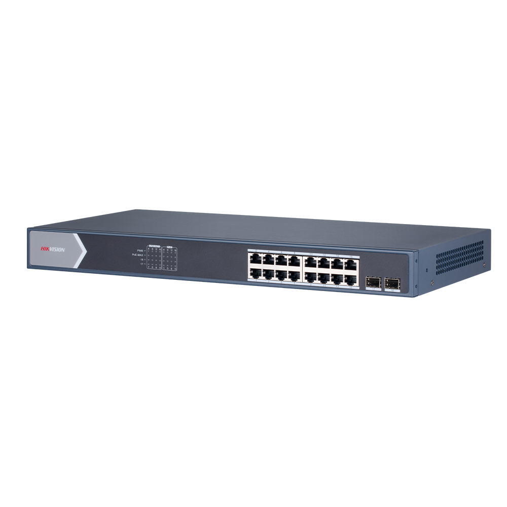 Switch 16 Porturi PoE + 2 Porturi Fibra Optica, 225 W, 300m- HikVision DS-3E1518P-E