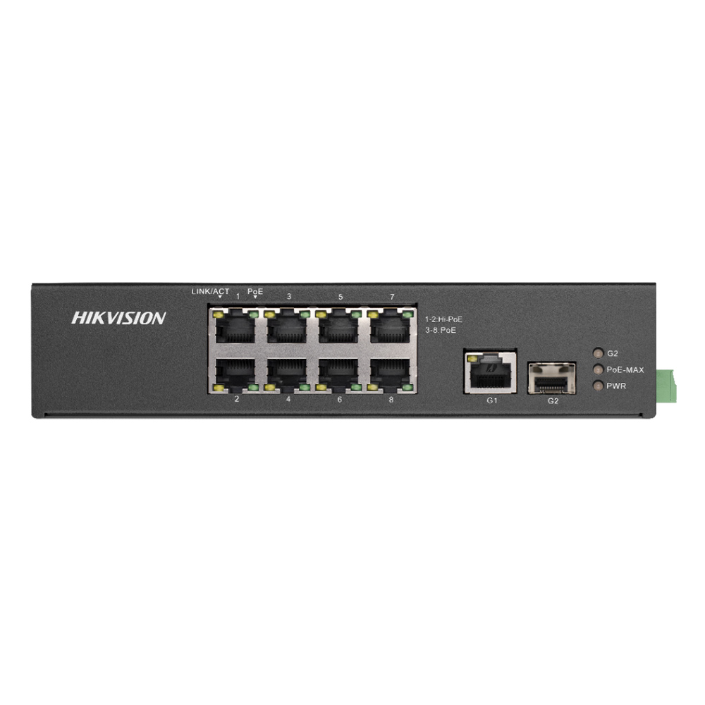 Switch 8 PoE+1 Uplink Gigabit si 1 Port SFP, 110W, Portul 1 si 2 Hi-PoE - HikVision DS-3T0310HP-E-HS