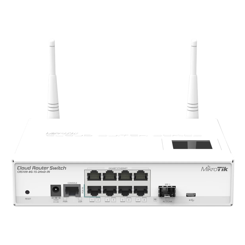 Switch Cloud Router 8x RJ45 Gbit, PoE in, 1xSFP, wireless 2,4 GHz - MikroTik CRS109-8G-1S-2HnD-IN