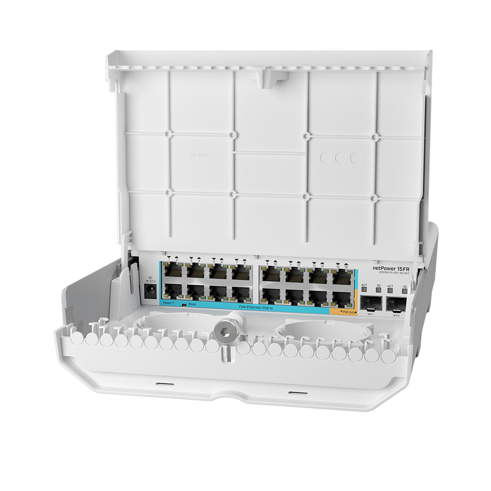Smart Switch exterior, 16xRJ45 100Mbps, 15 PoE inversate, 2xSFP - MikroTik CRS318-1Fi-15Fr-2S-OUT
