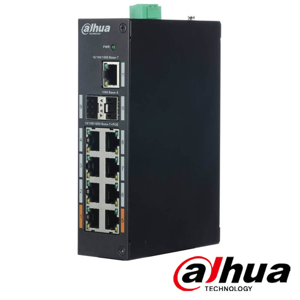 Switch PoE 8 porturi + 2 porturi prin fibra optica + 1 port HI-POE - Dahua PFS3211-8GT-120