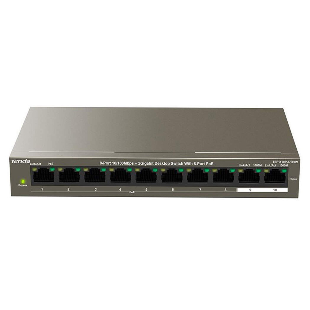 Switch 8x10/100Mbps PoE si 2 Uplink 10/100/1000Mbps, 102W, PoE+ - Tenda TEF1110P-8-102W