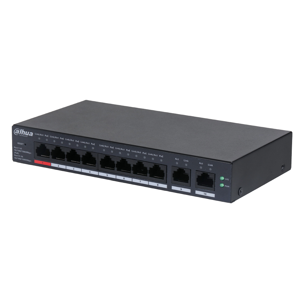 Switch cu management 8xRJ45 Gbit PoE, 2xRJ45Gbit upload, 110W, PoE Watchdog - Dahua CS4010-8GT-110