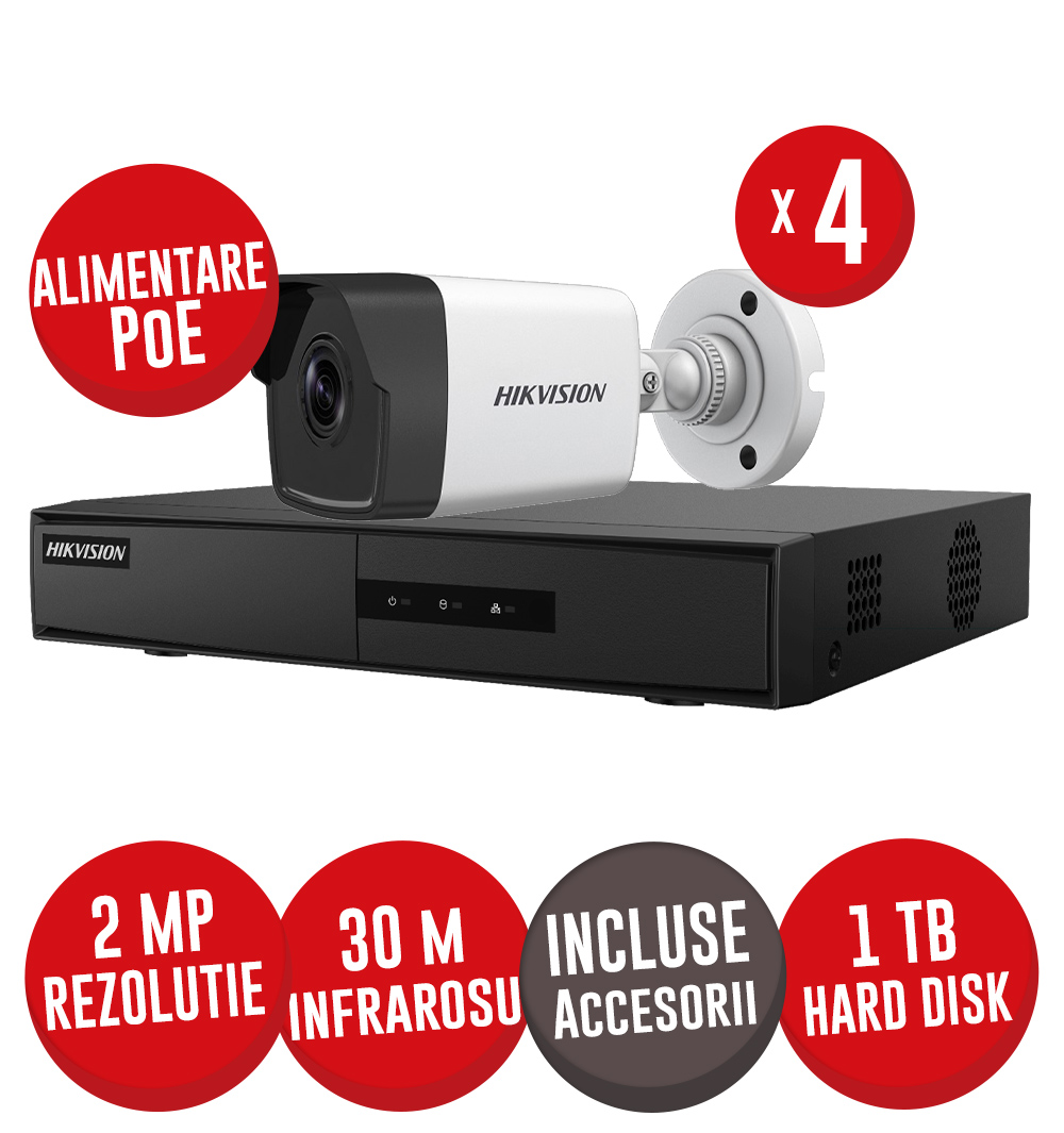 Kit NVR 4 canale IP 4MP, 4 camere IP 2MP, 1 HDD de 1 TB + accesorii - HikVision NK42E0H-1T(WD)