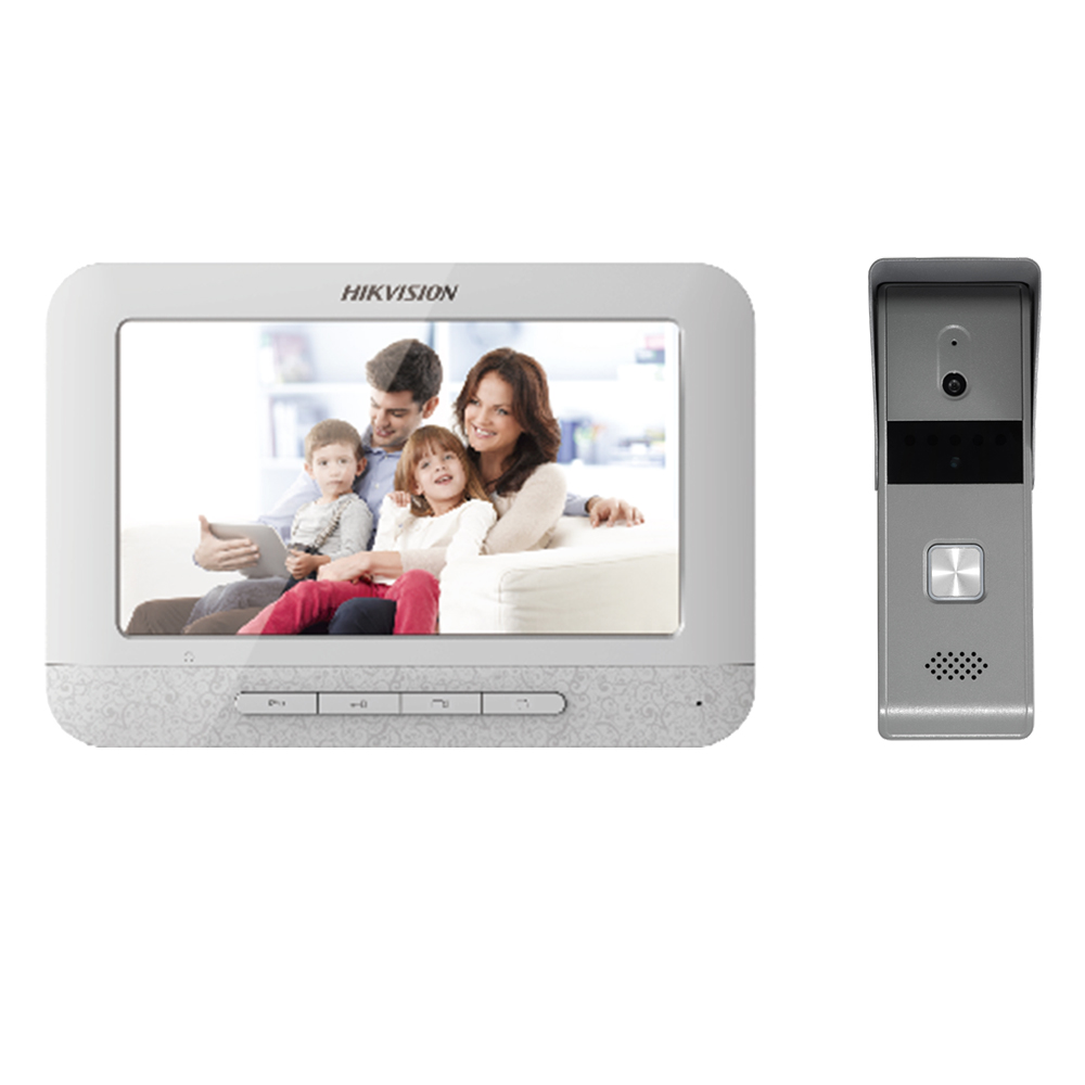 Kit Videointerfon 4 fire HikVision DS-KIS203 cu monitor 7 inch, cameră 720x576, IR, IP65/IK7