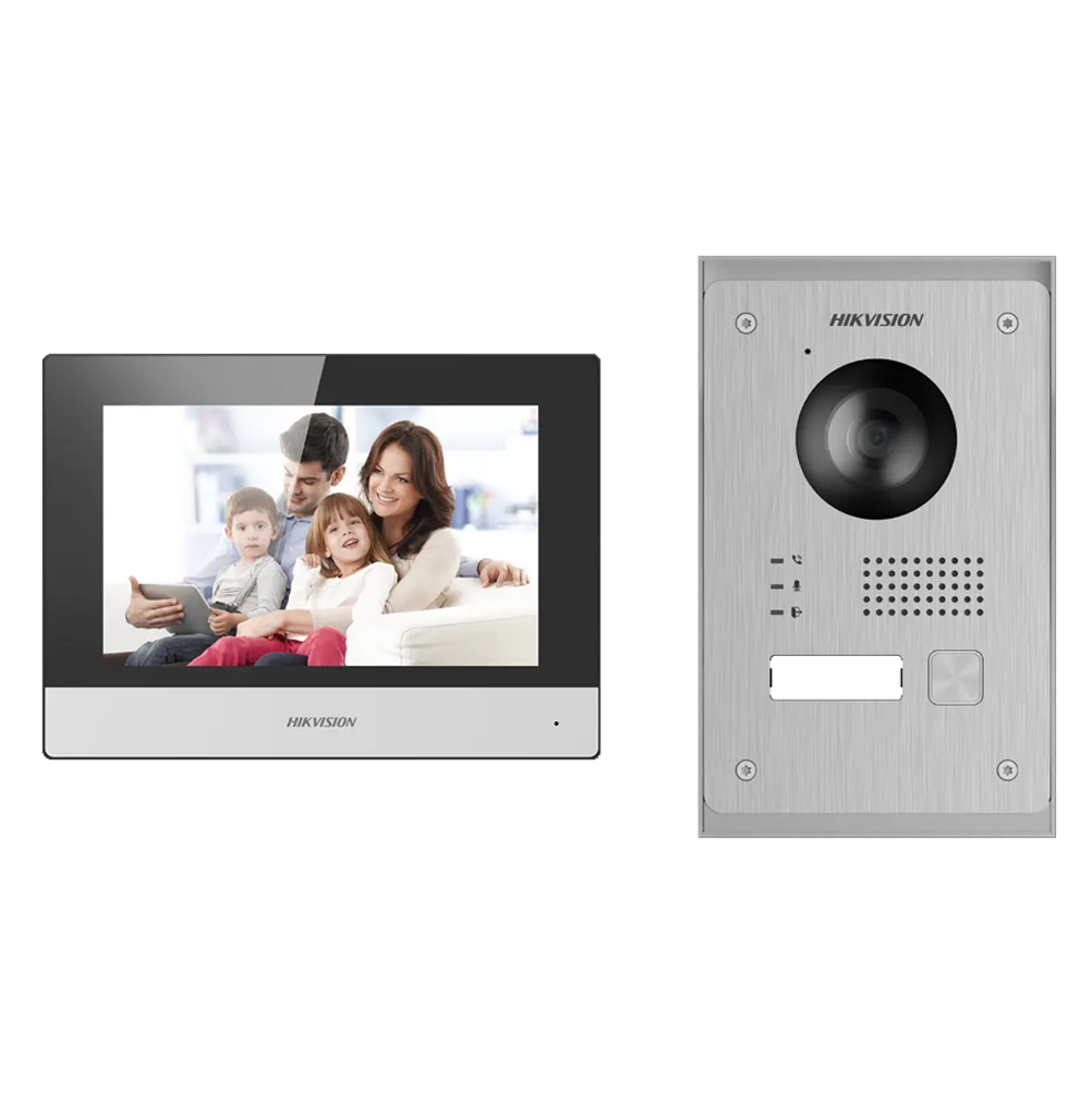 Kit Videointerfon IP pe 2 fire, 1 familie, camera 2MP IR, monitor 7 inch, Wi-Fi si app mobil - HikVision DS-KIS703-P-D