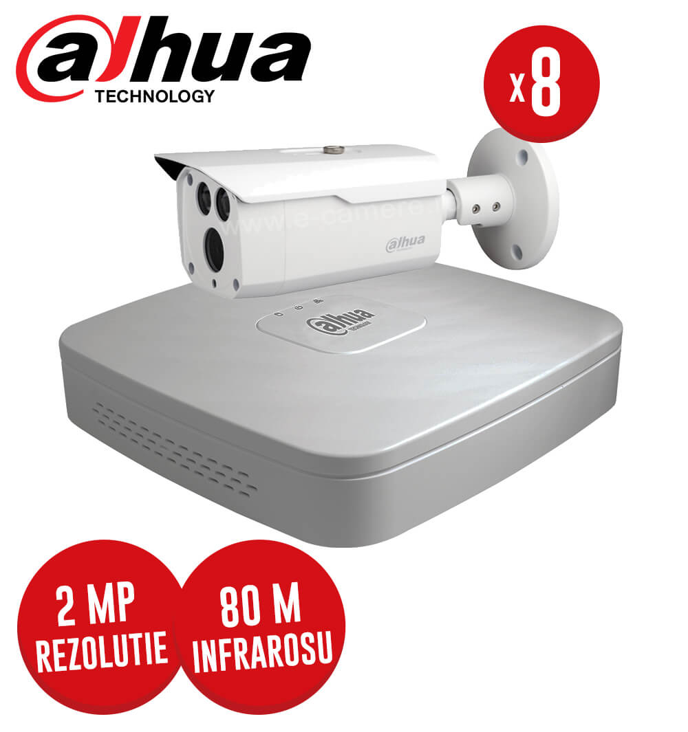 Pachet DVR 8 canale 1080P si 8 camere 2 Megapixeli, IR 80 m - fara accesorii, Dahua -  KIT112