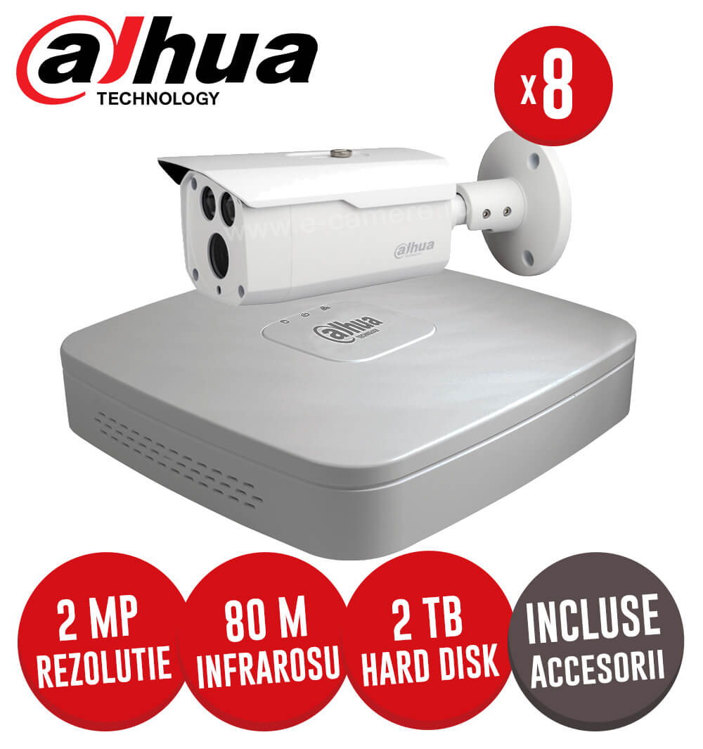 Sistem complet DVR 8 canale 1080P, 8 camere exterior 2 MP accesorii si cabluri, Dahua -  KIT113