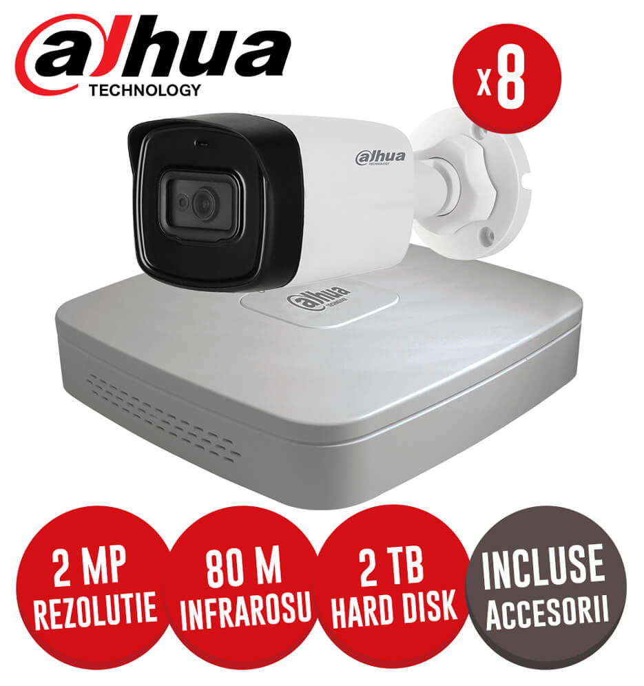 Sistem complet DVR 8 canale, 8 camere 2MP, Microfon, IR 80m + accesorii -  KIT158