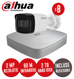 Sistem complet DVR 8 canale, 8 camere 2MP, Microfon, IR 80m + accesorii -  KIT158