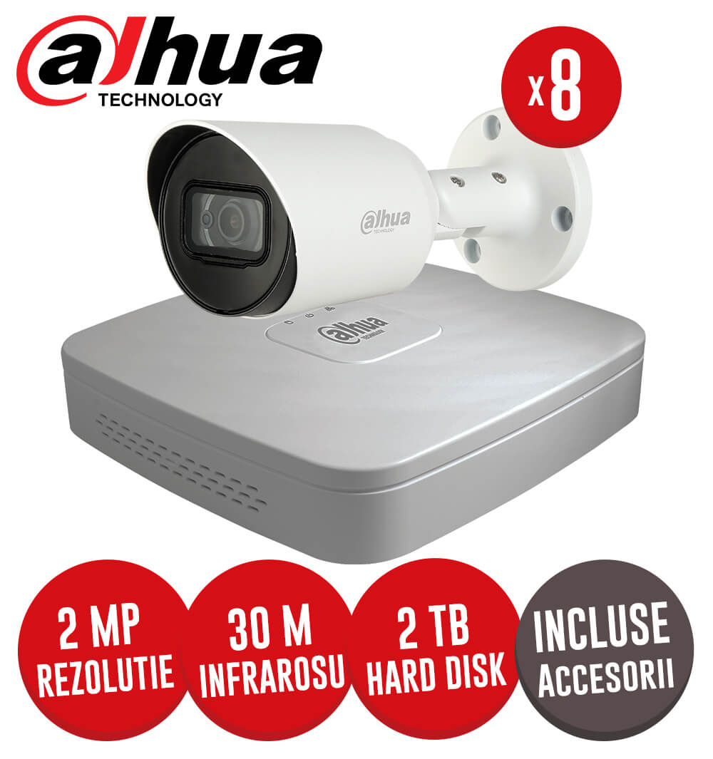 Sistem complet DVR 8 canale, 8 camere 2MP, IR 30m, Starlight + accesorii  -  KIT159