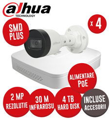 Sistem complet interior / exterior, 4 camere 2MP, Infrarosu 30m, NVR 4 canale, HDD 1TB -  KIT172