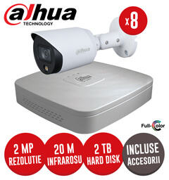Sistem complet DVR 8 canale, 8 camere 2MP Full Colour, exterior, include accesorii, cablu  -  KIT184
