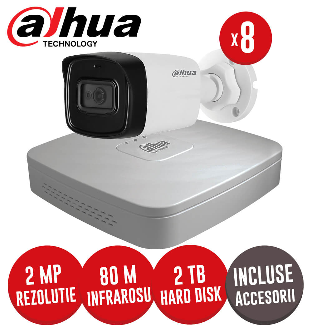 Sistem complet DVR 8 canale, 8 camere 2MP Starlight, exterior, include accesorii, cablu - KIT185