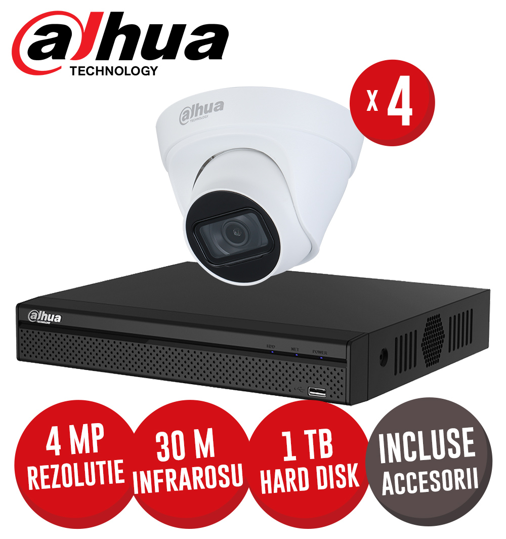 Sistem complet NVR 4 canale, 4 camere IP Dome 4 Megapixeli, HDD, accesorii, cablu -  KIT209