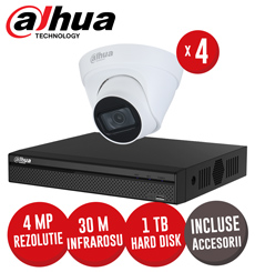 Sistem complet NVR 4 canale, 4 camere IP Dome 4 Megapixeli, HDD, accesorii, cablu -  KIT209