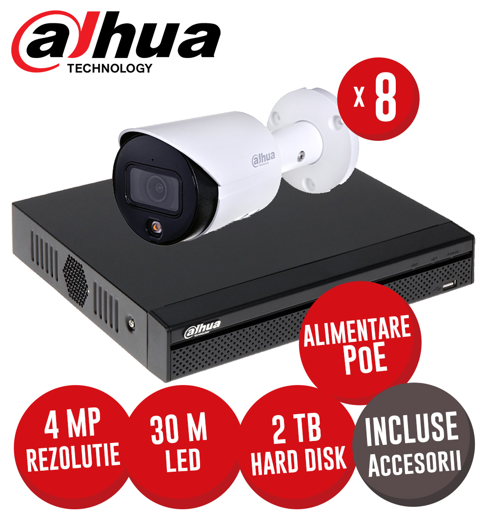 Sistem complet NVR 8 canale 8MP, 8 camere IP 4MP, LED 30m, alimentare PoE, HDD, accesorii - KIT213