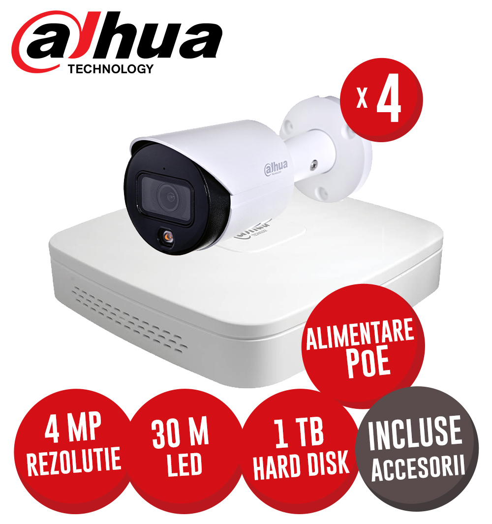 Sistem complet NVR 4 canale 8MP, 4 camere IP 4MP, LED 30m, alimentare PoE, HDD, accesorii - KIT214