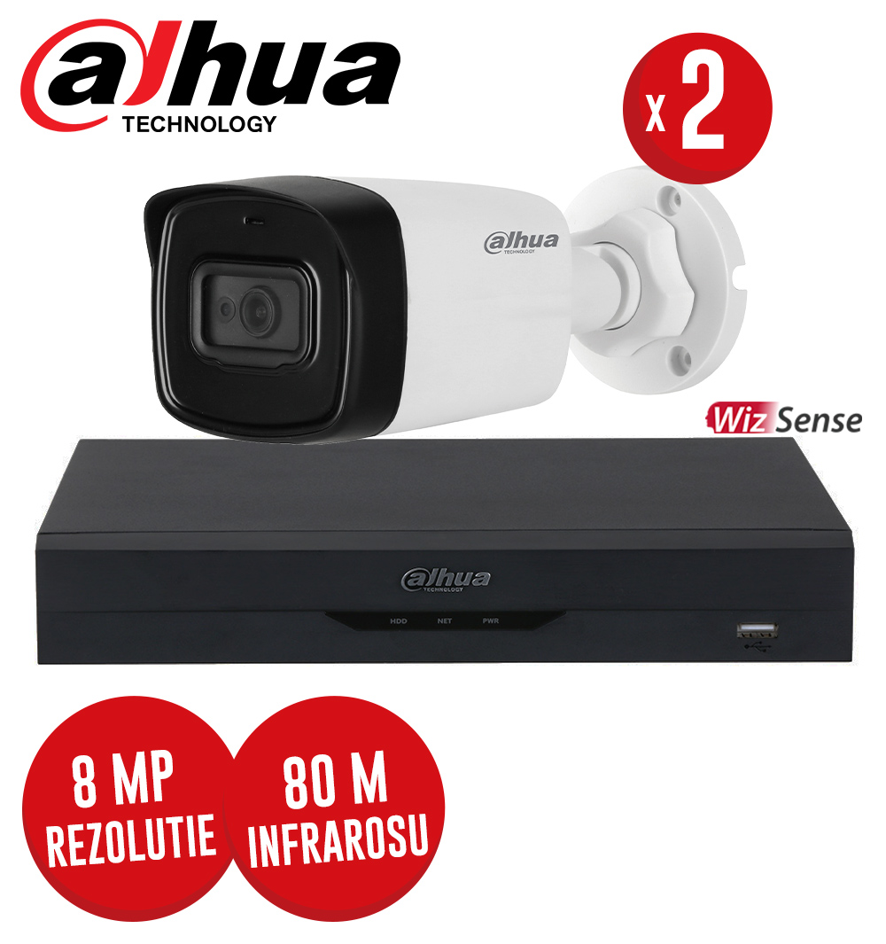 Pachet DVR 4 canale 8MP si 2 camere 8MP, IR 80m, SMD Plus, audio, WizSense, fara accesorii - KIT227