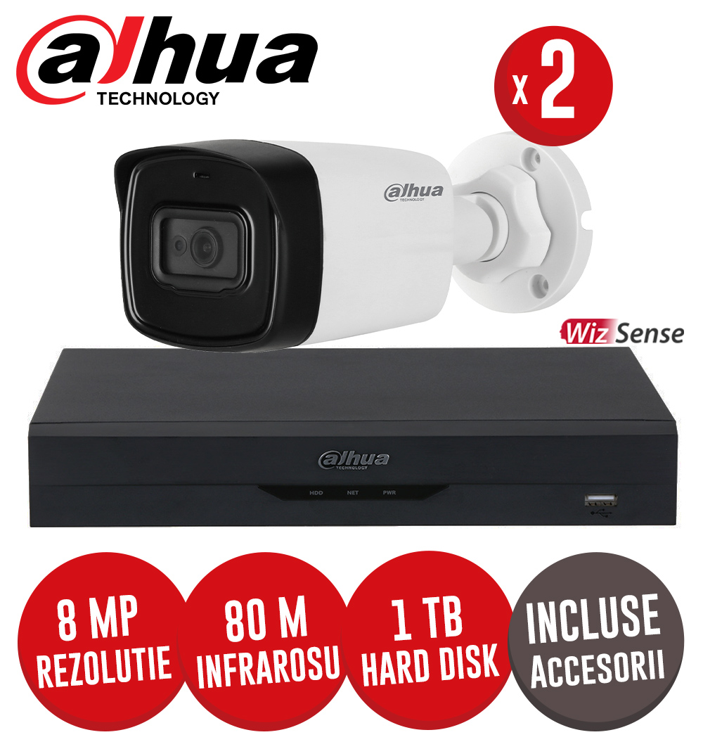 Sistem complet DVR 4 canale 8MP si 2 camere 8MP, IR 80m, SMD+, audio, accesorii, UTP - KIT228
