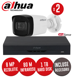 Sistem complet DVR 4 canale 8MP si 2 camere 8MP, IR 80m, SMD+, audio, accesorii, UTP - KIT228