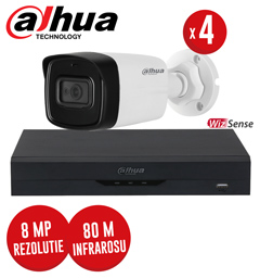 Pachet DVR 4 canale 8MP si 4 camere 8MP, IR 80m, SMD Plus, audio, WizSense -  KIT229