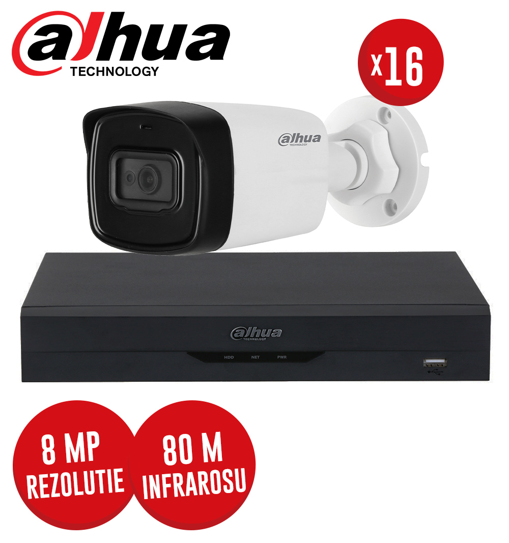 Pachet DVR 16 canale 8MP si 16 camere 8MP, IR 80m, SMD Plus, audio, WizSense - KIT233