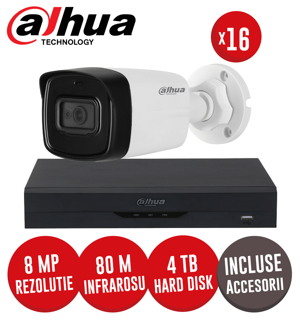Sistem complet DVR 16 canale 8MP si 16 camere 8MP, IR 80m, SMD+, audio, accesorii, coaxial- KIT372