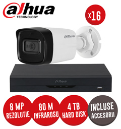 Sistem complet DVR 16 canale 8MP si 16 camere 8MP, IR 80m, SMD+, audio, accesorii, coaxial- KIT372