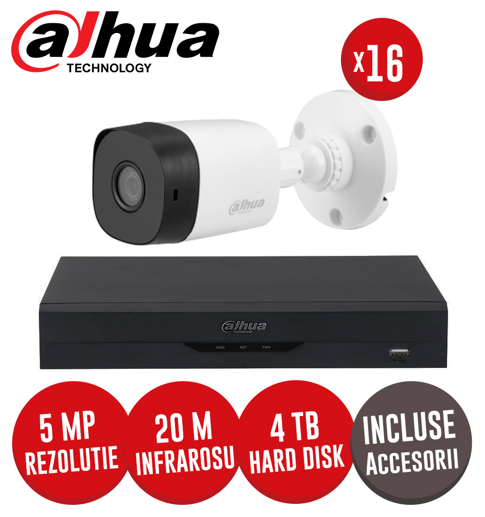 Kit complet: DVR 16 canale 5MP Lite, 16 camere 5MP, IR 20m, HDD 4TB si accesorii -  KIT236
