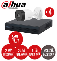Sistem complet DVR 4 canale 2MP Lite, 4 camere 2MP, exterior, include accesorii, cablu -  KIT254