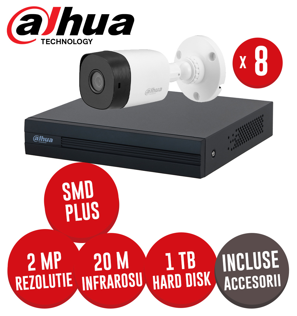 Sistem complet DVR 8 canale 2MP Lite, 8 camere 2MP, exterior, include accesorii, cablu UTP -  KIT255