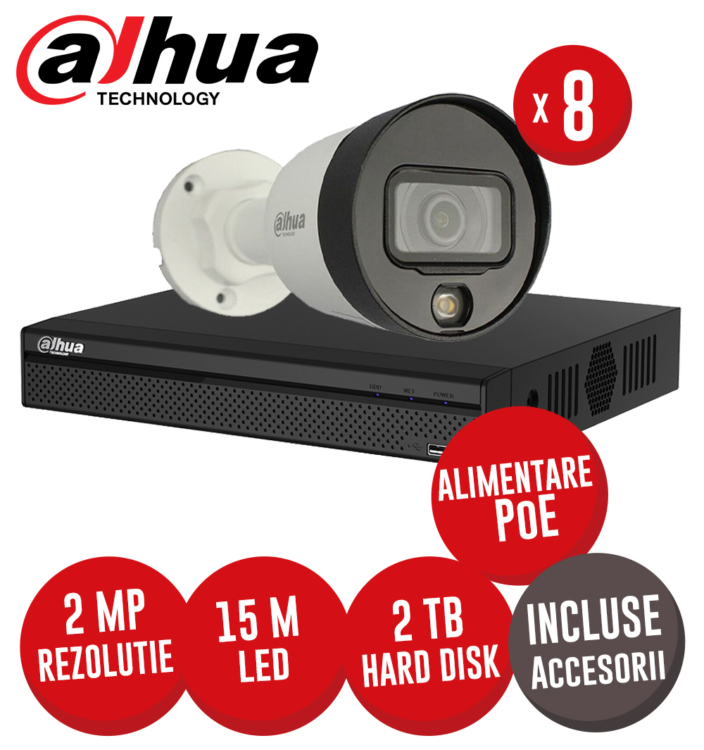 Sistem complet NVR 8 canale PoE, 8 camere IP 2 MP, FullColor, accesorii, HDD 2TB -  KIT263