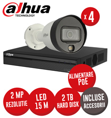 Sistem complet NVR 4 canale PoE, 4 camere IP 2 MP, FullColor, accesorii, HDD 1TB-  KIT262