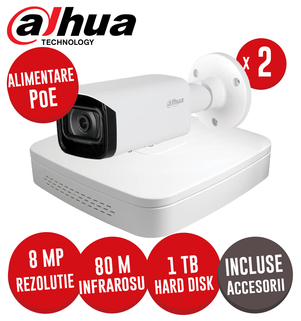 Sistem complet NVR 4 canale SMD+ , 2 camere IP 8 MP, IR 80m, HDD, accesorii, alimentare PoE- KIT265