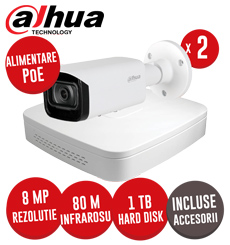 Sistem complet NVR 4 canale SMD+ , 2 camere IP 8 MP, IR 80m, HDD, accesorii, alimentare PoE- KIT265