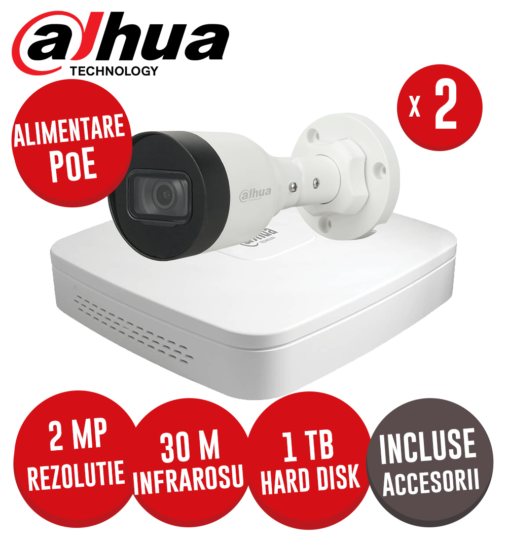 Sistem complet NVR 4 canale IP, Switch 4xPoE, 2 camere IP 2 MP, HDD 1TB, accesorii, SMD+ -  KIT269