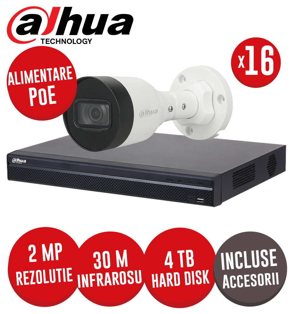 Sistem complet NVR 16 canale IP, Switch 16xPoE, 16 camere IP 2 MP, HDD 4TB, accesorii -  KIT270