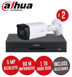 Sistem complet DVR 4 canale 4K, 2 camere 5MP, IR 80m, SMD+, accesorii, cablu coaxial - KIT364