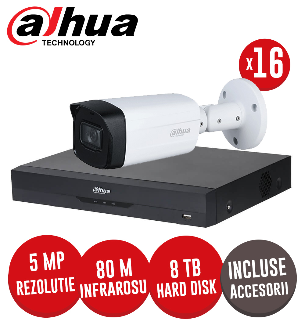 Sistem complet DVR 16 canale 4K, 16 camere 5MP, IR 80m, accesorii, cablu UTP - KIT272