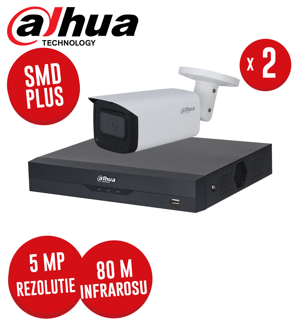 Kit DVR 4 canale 4K, 2 camere 5MP, Microfon, IR 80m, SMD+, fara accesorii - KIT278